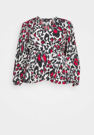 Wikkelblouse met lange mouwen met een abstract dierenprint in zwart, wit en rood en een geplooide taille.
