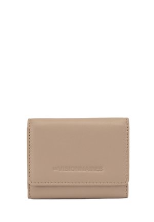 Compact beige leather wallet with stitched edges and embossed "LES VISIONNAIRES" logo on the front flap.