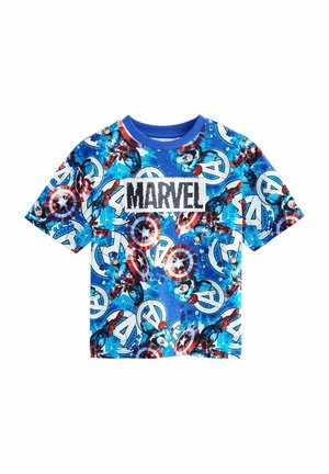 Blauw T-shirt met korte mouwen met een herhalend patroon van Marvel-superhelden en logo's. Zachter, lichtgewicht stof met een ronde hals.