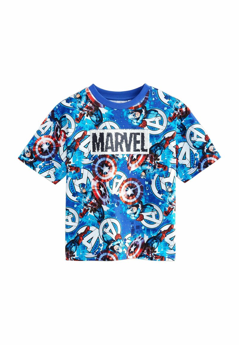 Blå t-shirt med kort ärm med ett upprepat mönster av Marvel-superhjältar och logotyper. Mjuk, lätt tyg med rundad halsringning.