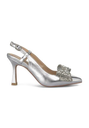 Sandal en argent métallisé à talon haut avec un bout pointu, détail de nœud décoratif orné de bijoux et un talon bloc mince.
