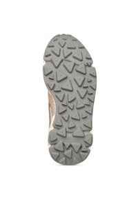 Suola di una scarpa con fondo in gomma grigia decorata da motivi triangolari e una parte superiore beige. Superficie testurizzata per migliorare la trazione.