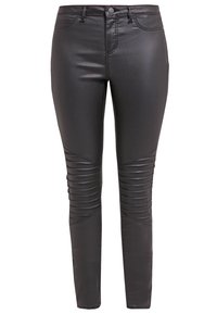 Pantalon skinny en simili cuir noir avec des détails côtelés aux genoux, fermeture à bouton et zip à l'avant, et style à cinq poches.