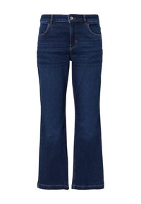 Ciemnoniebieskie dżinsy w stylu dzwonów z średnim stanem, pięcioma kieszeniami i kontrastującym pomarańczowym przeszyciem, wykonane z denimu.