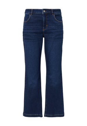 Dunkelblaue Bootcut-Jeans mit mittelhohem Bund, fünf Taschen und kontrastierendem orangefarbenem Nähen, aus Denim-Stoff gefertigt.