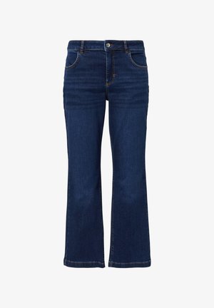 Dunkelblaue Bootcut-Jeans mit mittelhohem Bund, fünf Taschen und kontrastierendem orangefarbenem Nähen, aus Denim-Stoff gefertigt.