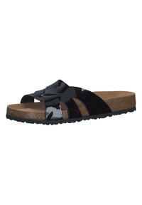 Svart patentläder slide-sandal med korsremdesign, korkfotbädd och gummisula. Slät textur med glänsande finish.