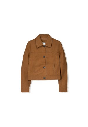 Brown suede crop jacket with a pointed collar, front button closure, and two front pockets. Smooth texture and tailored fit.