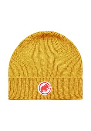 Yellow knitted beanie with a ribbed texture, featuring a round red patch with a white outline and elephant graphic on the front.
