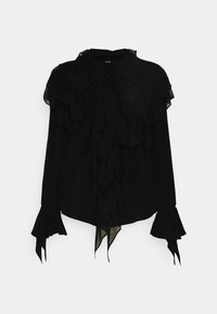 Blusa nera con design arricciato, maniche lunghe con polsini svasati e collo alto. Realizzata in tessuto morbido e leggero con uno strato trasparente.