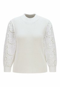 Vit stickad ärmlös tröja med hög krage, lagd över vita långa puffärmar med blomsterbroderi i utskärningar.