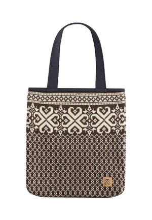 Brun og hvit mønstret handlenett med svarte håndtak og liten firkantet skinnlogo nederst i høyre hjørne.