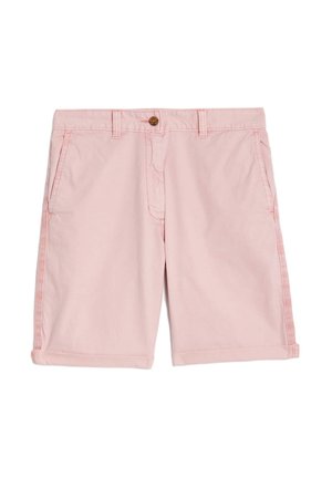 Shorts en coton rose pâle avec fermeture à bouton, deux poches avant, ourlet replié et coutures visibles sur les côtés.