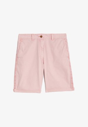 Shorts en coton rose pâle avec fermeture à bouton, deux poches avant, ourlet replié et coutures visibles sur les côtés.