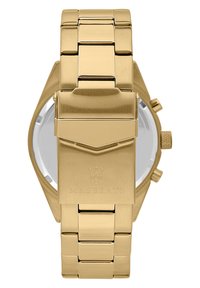 Guldfarvet rustfrit stål armbåndsur med en poleret finish, detaljerede led i låsen, fremtrædende spænde og brandlogo indgraveret på bagsiden.