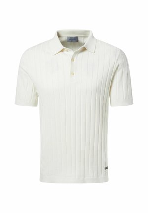 White ribbed polo shirt with short sleeves, featuring a classic collar and three-button placket. Soft texture, side slit at hem, and subtle logo accent.