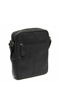 Borsa a tracolla nera in pelle con texture liscia, forma rettangolare, tasca frontale con zip e tracolla regolabile.