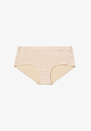 Beżowa bielizna hipsterska wykonana z gładkiego materiału, w kroju o średnim stanie, z bezszwowym wykończeniem i subtelnym logiem na gumce.