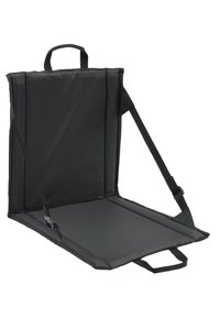 Black padded folding seat with a backrest, adjustable straps, and carrying handles for portability. Smooth texture and practical design.