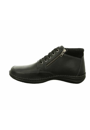 Schwarze Leder-Ankle-Boots mit abgerundeter Spitze, dekorativer Naht, seitlichem Reißverschluss und einem strukturierten Einsatz am Schaft. Gummisohle für guten Halt.