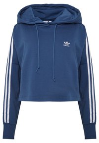 Blå kort hoodie i bomull med dragsko i huvan, långa ärmar och vita tre ränder längs sidorna. Litet logotyp på framsidan.