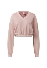 Sweat-shirt court rose clair avec manches longues, col en V, taille élastique et poignets côtelés.