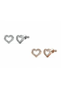 Orecchini a bottone a forma di cuore in argento e oro rosa, contornati da cristalli trasparenti. Presentano un design con centro vuoto.