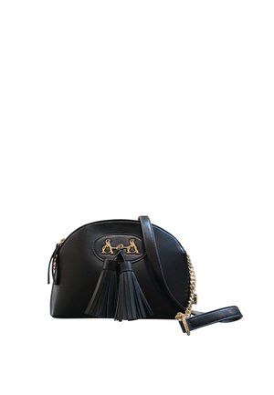 Borsa a tracolla in pelle nera con tracolla a catena dorata, dettaglio decorativo horsebit dorato e due nappine in pelle nera sul davanti.