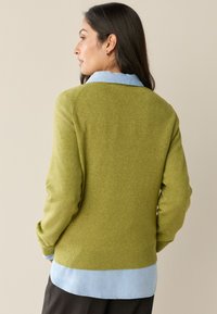 Pull vert en maille douce, avec un ourlet côtelé, un col rond, porté sur une chemise bleu clair à col.