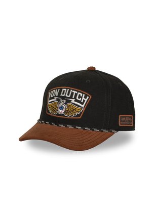 Gorra Von Dutch negra y marrón con logo de ojo alado y texto "Von Dutch 1929" en la parte delantera y parches laterales.