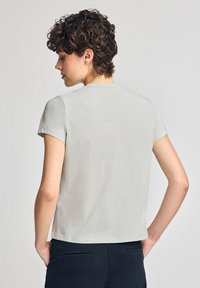 T-shirt grigio chiaro a maniche corte con vestibilità rilassata, caratterizzato da un collo rotondo e una texture di cotone liscia, visto da dietro con dettagli minimi.
