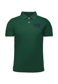 Polo verde realizzato in cotone, con colletto, abbottonatura a tre bottoni e ricamo blu navy di due cavalli e "LA MARTINA."