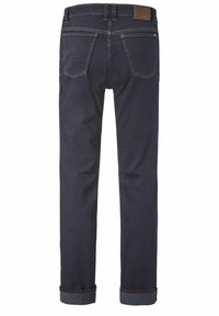 Dark blue denim jeans with a straight fit, featuring a leather waistband label, five pockets, and rolled cuffs with contrasting stitching.