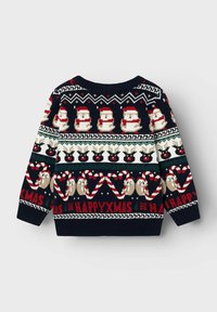 Maglione blu navy con motivi festivi di Babbo Natale, pupazzi di neve, renne e bastoncini di zucchero, con accenti rossi e bianchi e una trama lavorata.