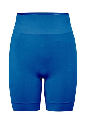 Niebieskie, przylegające szorty sportowe z wysokim stanem, o gładkim wykończeniu, sięgające do połowy uda, zaprojektowane do aktywnego trybu życia lub użytku codziennego.