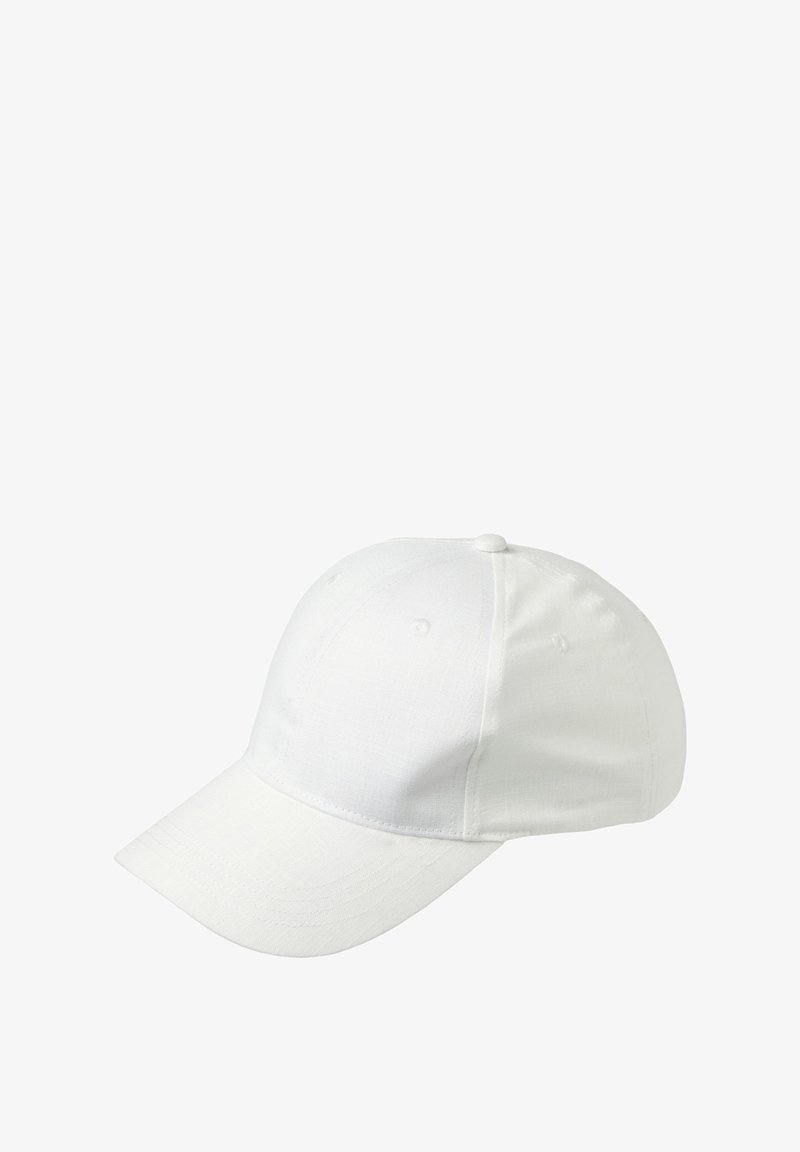 Casquette de baseball blanche en tissu, dotée d'une visière incurvée, d'un design à six panneaux et d'un bouton sur le dessus. Pas d'accents ou de motifs supplémentaires.