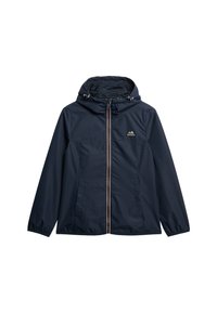 Veste à capuche bleu marine avec fermeture éclair à l'avant, poignets élastiques, poches latérales et petit logo montagne sur la poitrine.