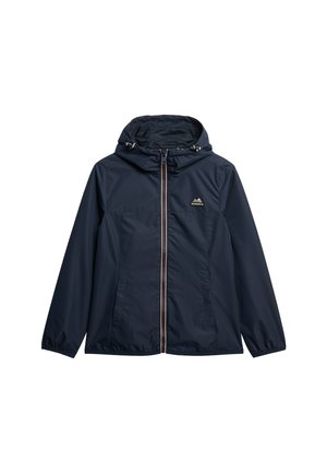 Donkerblauwe gewatteerde jas met capuchon, ritssluiting aan de voorkant, elastische manchetten, zijzakken en een klein berglogo op de borst.