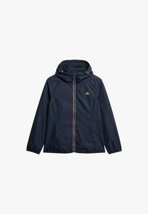 Donkerblauwe gewatteerde jas met capuchon, ritssluiting aan de voorkant, elastische manchetten, zijzakken en een klein berglogo op de borst.