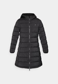 Manteau en duvet noir au design mi-long. Comprend une capuche, un motif matelassé horizontal et une fermeture éclair à l'avant. Inclut un petit logo sur la poitrine.