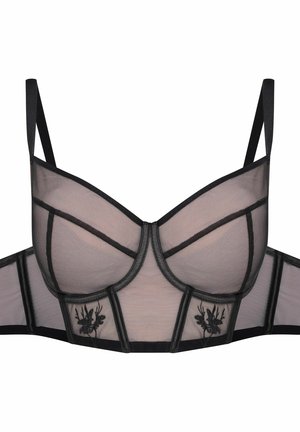 Black mesh bra featuring underwire support, sheer cups, and embroidered floral details on the band; adjustable straps for a customized fit.