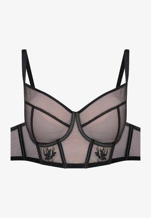 Czarny stanik z siatki z fiszbinami, przezroczystymi miseczkami i haftowanymi kwiatowymi detalami na pasku; regulowane ramiączka umożliwiające dopasowanie.