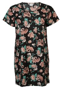 Robe noire à manches courtes avec un col rond et un motif floral de fleurs roses et de feuilles vertes.