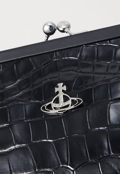 Black faux crocodile leather clutch with a metallic clasp featuring a silver emblem, smooth texture, and glossy finish.