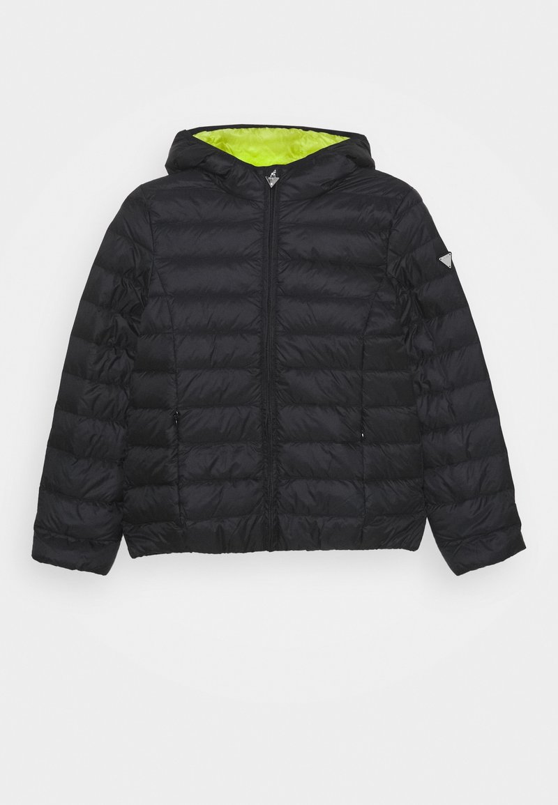 Veste matelassée noire à capuche avec fermeture éclair frontale et doublure intérieure vert citron vif, présentée à plat sur un fond clair.