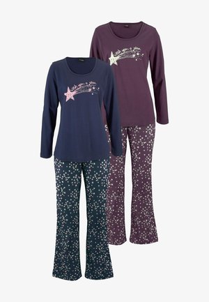 Two sets of pajama tops and bottoms. One set navy with pink star graphic; the other in dark purple with star pattern. Both long-sleeved.