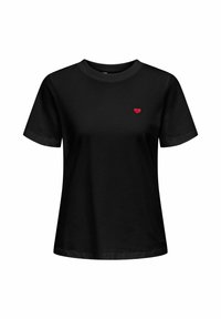 Schwarzes Baumwoll-T-Shirt mit Rundhalsausschnitt und kurzen Ärmeln. Mit einem kleinen roten Herz, das auf der linken Brust gestickt ist.