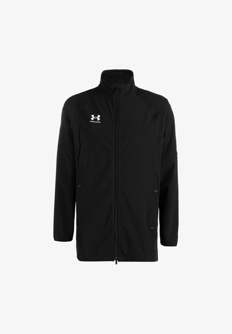 Veste Under Armour noire à fermeture éclair intégrale, col montant et logo blanc sur la poitrine gauche, manches longues et poches latérales.