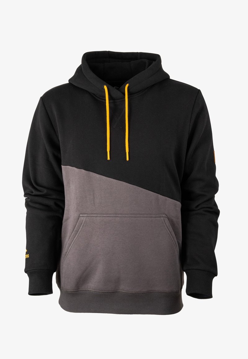 Sweat à capuche avec partie supérieure noire, partie inférieure grise, cordons jaunes et poche kangourou à l'avant.