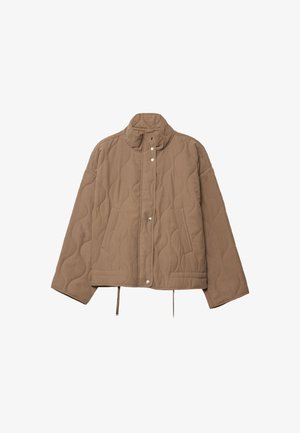 Brown quilted jacket with a high collar, snap buttons, side pockets, and an adjustable hem. Fabric appears textured and padded.